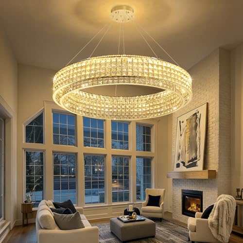W40 Modern Chandeliers for Living Room LED Dimmable Pendant Lighting High Ceiling Chandelier for Dining Room Foyer Hallway Crystal Rectangle Light Fixtures Gold