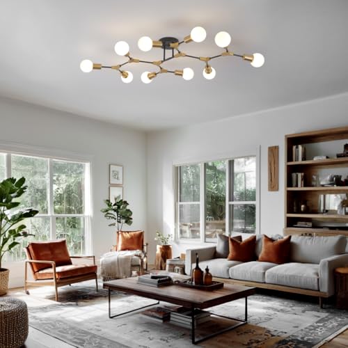 Modern Gold and Black Sputnik Semi Flush Mount Ceiling Light Fixture