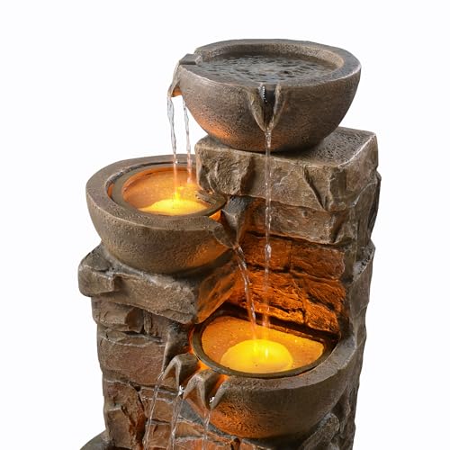 33.27" Cascading Bowls & Stacked Stones LED Water Fountain for Outdoor Living Spaces