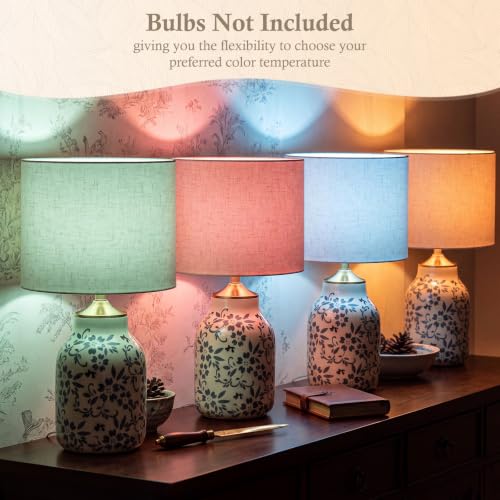 Set of 2 21" Chinoiserie Ceramic Lamps with Beige Linen Shades (2 Count)