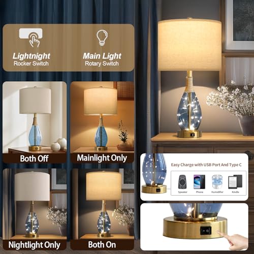 23" Table Lamps for Living Room Set of 2 Bedside Lamps for Night Stands Bedroom Lamps Farmhouse Rattan Boho Lamp Glass Nightlight End Table Lamp with USB C+A (2 Count)