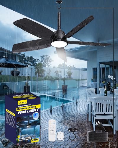 Outdoor Gazebo Ceiling Fan with Light and Remote (Black / 36 Inch)