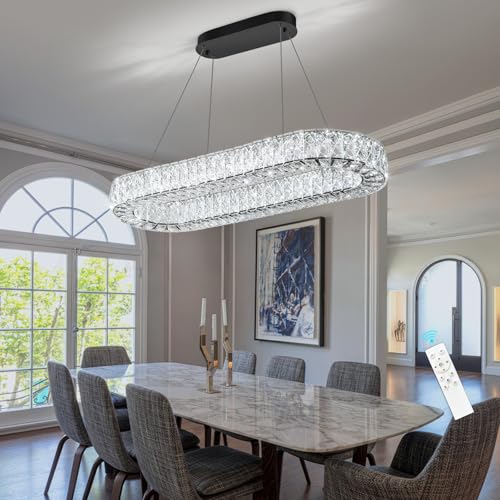 Modern Crystal LED Chandelier Dimmable Oval Chandeliers Rectangular Dining Room Light Fixture with Remote for Living Room Kitchen Island Silver