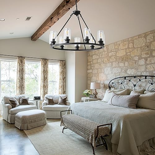 Black Wagon Wheel Chandelier 32 Inch Modern Farmhouse Glass Pendant Light 9