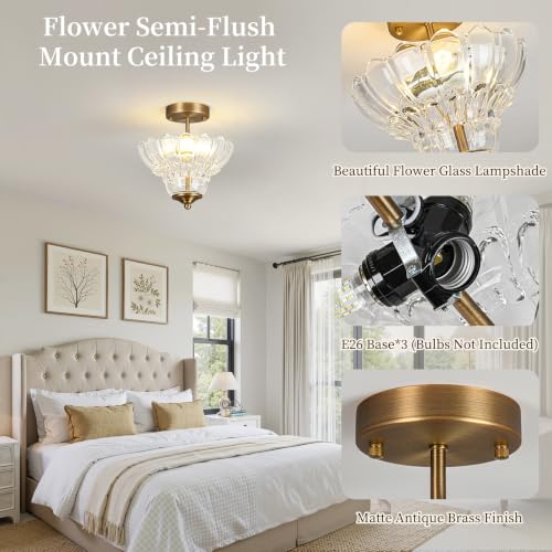 Antique Brass Finish Semi Flush Mount Light with Floral Class Shade (Antique Brass)