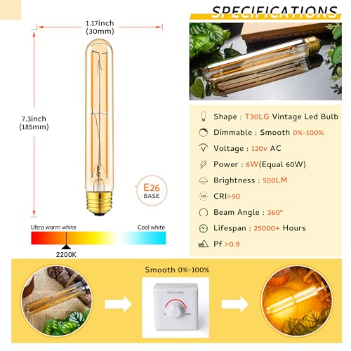 Tubular Light Bulb 7.3IN Dimmable T10 LED E26 6W 60 Watts Edison Bulb Amber (4 Count)