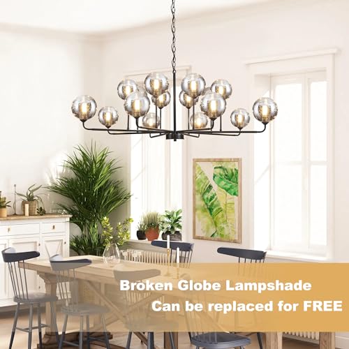 Large Chandeliers for High Ceilings 47.2IN Large Dining Room Chandelier with Smoky Gray Glass Globe Modern Black Chandeliers for Dining Room Large Chandelier Light Fixture for Entryway Living Room