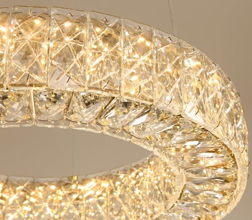 16 Inch Chandelier Glam Dimmable LED Crystal Chandeliers Luxury Round Pendant Lighting Fixtures for Dining Room Bedrooms Gold