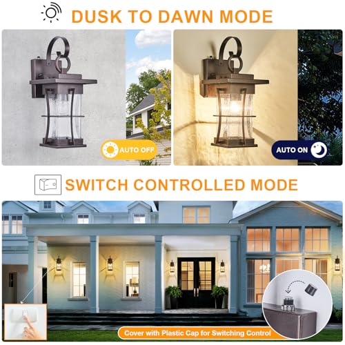 2 Pk Oil Rubbed Bronze Outdoor Sconces Light with Dusk to Dawn Sensor Photocell Exterior Porch Lanterns Outside Wall Lamps Waterproof Brown Metal with Seeded Glass Coach Light Fixtures for House