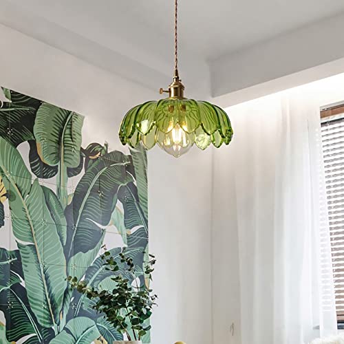 Green Glass Pendant Light Fixtures Medium 9.8 Inches Lampshade Gold Brass Finish and Switch Vintage Pendant Ceiling Lamp Copper Farmhouse Pendant Lighting