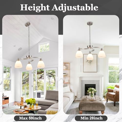 3 Lights Brushed Nickel Farmhouse Chandelier Retractable Kitchen Island Light with Milk White Frosted Glass Max 59" Height Adjustable Silver Hanging Ceiling Light for Dining Room Living Room Entry