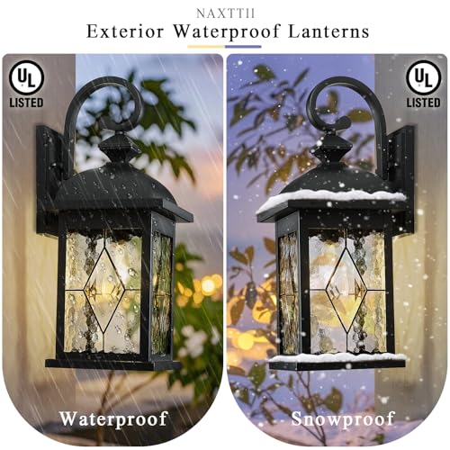 Outdoor Wall Lights Black Exterior Lighting Fixtures with Clear Water Ripper Glass 15 Inch Height Exterior Wall Sconce Light fixtures for House Porch and Garage E26 Socket