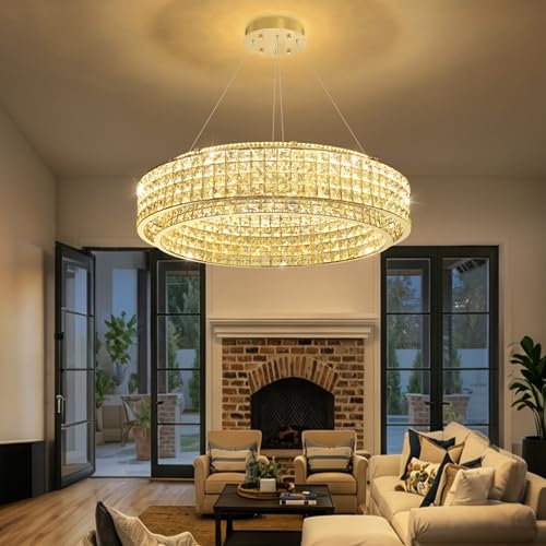 W32 Modern Chandeliers for Living Room LED Dimmable Pendant Lighting High Ceiling Chandelier for Dining Room Foyer Hallway Crystal Rectangle Light Fixtures Gold