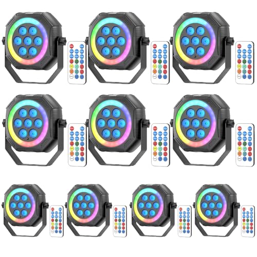 Stage Lights Mini RGB Battery Powered Uplights LED Rechargeable Par Can Lights with Halo (10 Count)
