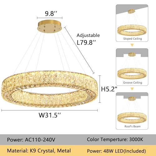 32 Inch Chandelier Glam Dimmable LED Crystal Chandeliers Luxury Round Pendant Lighting Fixtures for Dining Room Bedrooms Gold