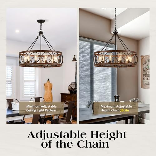 10 Light Farmhouse Drum Wood Pendant Light