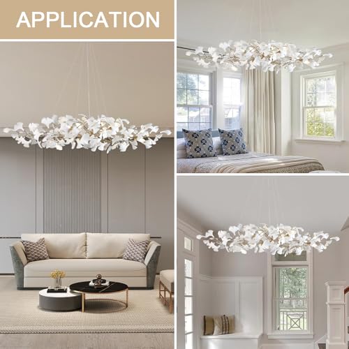 59 Inch Modern Rectangle Chandelier Ceramic Ginkgo Leaf Chandeliers Large Brass Chandeliers White Chandelier for Dining Room Living Room
