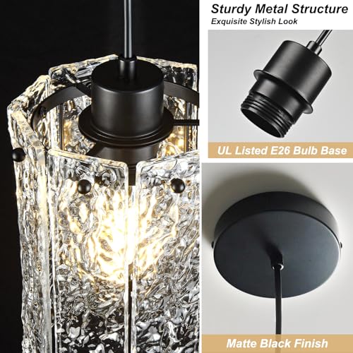 Black Pendant Lights Kitchen Island 2 Pack Modern Water Ripple Glass Pendant Lights Fixtures Round Adjustable Hanging Pendant Lighting for Kitchen Island Dining Room Over Sink Table Entryway (2 Count)