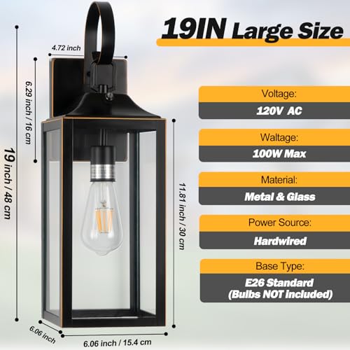 19" Dusk to Dawn Outdoor Lighting Porch Lights Black with Gold Trim 2 Pack (2 Count)