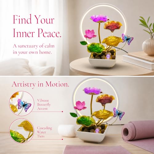 Tabletop Fountain Metal Lotus Indoor Fountain Water Feature for Zen Home Office Fengshui Decor Warm Light