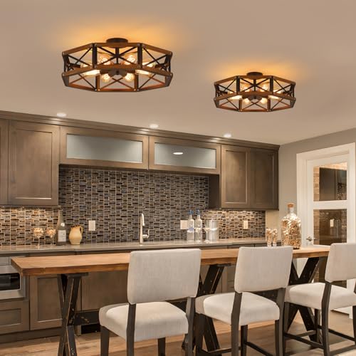 8 Light Large Rustic Farmhouse Wood Flush Mount Ceiling Light Fixture 24 inch Oak Wood and Metal Cage Semi Flush Mount Ceiling Light for Entry Cabin Dining Farmhouse Bedroom Living Room