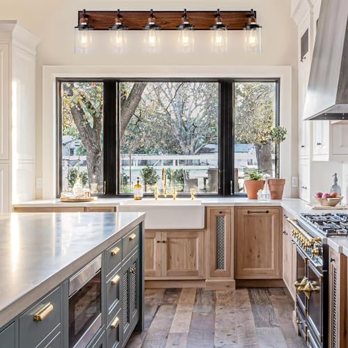 6 Light Farmhouse Bathroom Light Fixtures Vintage Bathroom Vanity Lights Over Mirror Black and Wood Painted Metal Vanity Light for Bathroom with Glass Shades E26 Socket