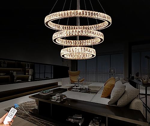 3 Rings Crystal Chandeliers 32"+24"+16" Crystal Ceiling Light Fixture Pendant Lighting Hanging Lamp for Living Room LED Dimmable 3000