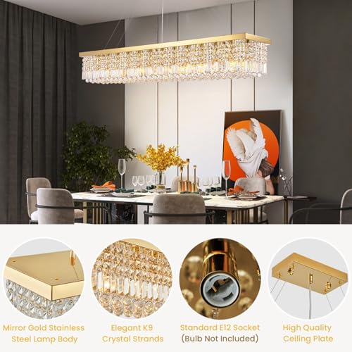 Large Rectangular Gold Crystal Chandelier for Dining Room