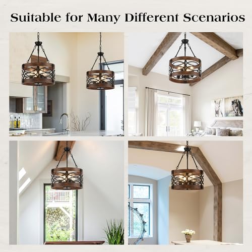 4 Light Farmhouse Drum Wood Pendant Light 13.8'' Vintage Rustic Brown Oak Wood Chandeliers (4 Count)