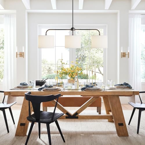 40" W 3 Light White Linen Drum Shade Chandelier with Black Metal Linear Pendant Light Fixture for Kitchen Island
