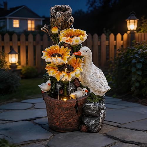 AUTODAYA 19" Sunflower & Duck Water Fountain Indoor Outdoor with LED Lights