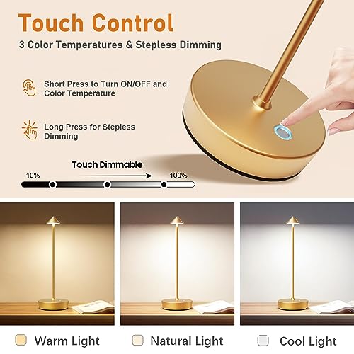 Cordless Rechargeable Led Table Lamp Battery Operated Light Gold