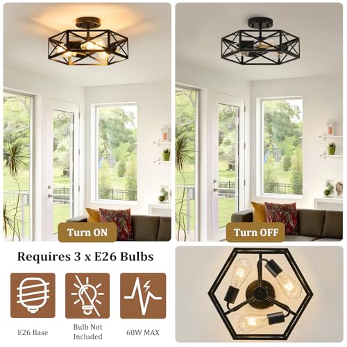 Modern Farmhouse Black Metal Semi Flush Mount Ceiling Light Fixture 14.6 in