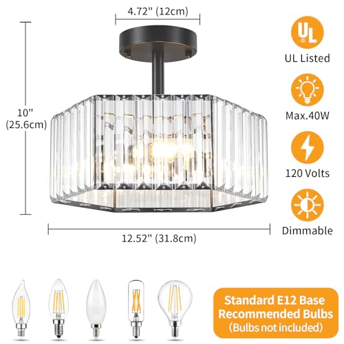 Modern Black Semi Flush Mount Ceiling Light Crystal Entryway Light Fixture