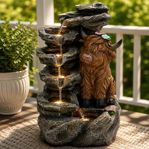 6 Tier Outdoor Water Fountain LED Waterfall with Highland Cow