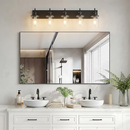 5 Light Black Bathroom Light Fixture Over Mirror Modern Farmhouse Bathroom Vanity Light Vintage Wall Lighting with Clear Glass Shade for Bathroom (5 Count)