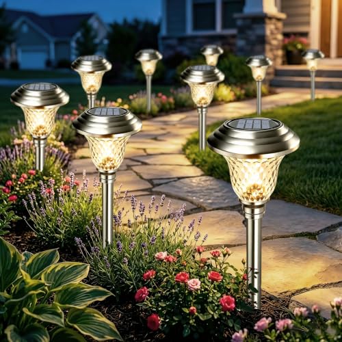 4 Pack Solar Pathway Lights White+ Color Changing Stainless Steel 3 Mode Outdoor Multicolor Metal Solar Powered Waterproof Glass for Garden Landscape Path Yard Walkway Driveway Silver (4 Count)