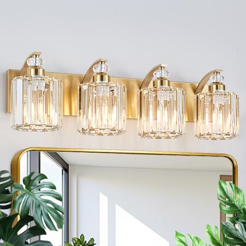 4 Lights Brushed Brass Bathroom Light Fixture Gold Vanity Lights Modern Crystal Bathroom Vanity Lighting Over Mirror Wall Sconce with K9 Crystal Shade E26 Base for Living Room