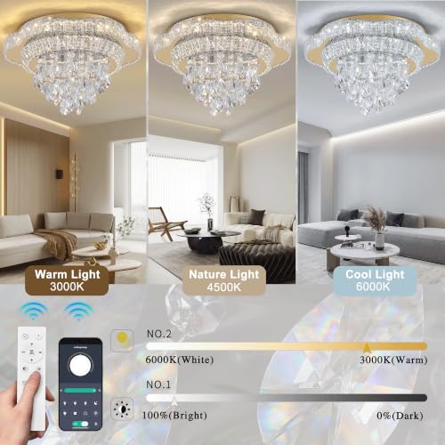 18" Gold Crystal Flush Mount Chandelier Modern LED Ceiling Light Fixture