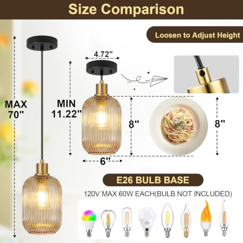 2 Pack Pendant Lights with Vintage Amber Ribbed Glass Lampshade (2 Count)
