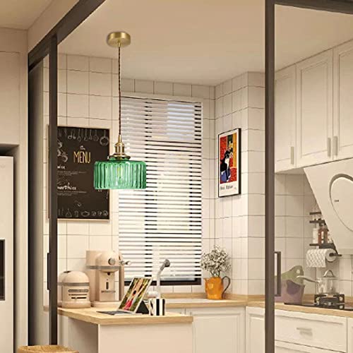 Lighting Green Pendant Light Mid Century Modern Hanging Light with Green Striped Glass Shade Vintage Kitchen Island Pendant Lights Gold Ceiling Pendant Light for Dining Room Bedroom