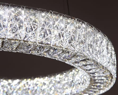 32 Inch Chandelier Glam Dimmable LED Crystal Chandeliers Luxury Round Pendant Lighting Fixtures for Dining Room Bedrooms Silver