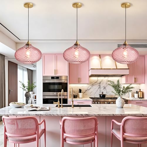11in Gold Pendant Lights Kitchen Island with Purple Pink Glass Shade 1Pack
