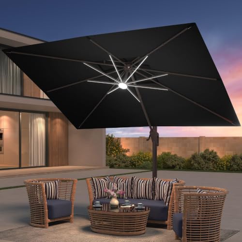 9x12 FT Patio Cantilever Outdoor Umbrella with Base and LED Lights