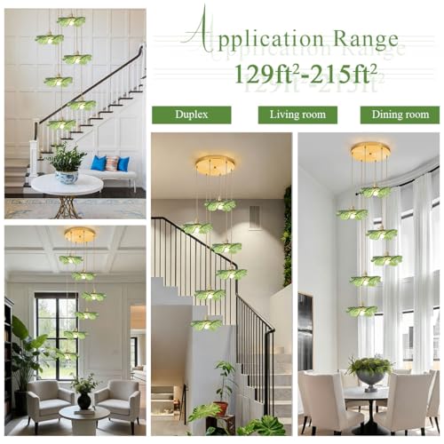 Long High Ceiling Chandelier with Green Blown Flower Glass Shade Vintage Flush Mount Ceiling Hanging light Gold brass pendant light 5 light Ceiling Chandeliers for Staircase Foyer Entryway Living