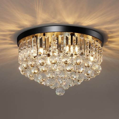 8 Light Modern Crystal Chandelier Black Metal G9 Base Flush Mount Round Light Fixture Ceiling Lamp Farmhouse for Dining Living Room Laundry Foyer Kitchen Balcony Bedroom