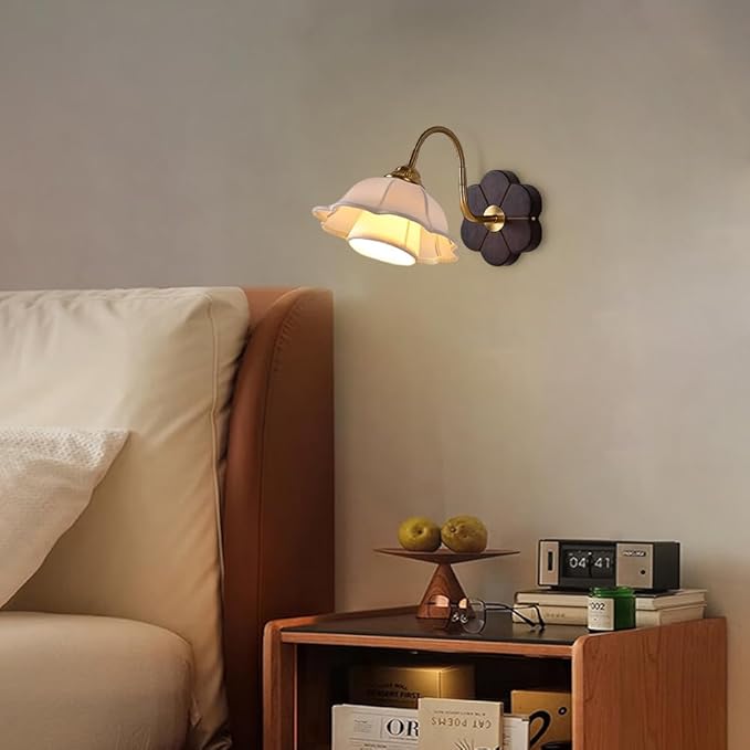 French Art Wall Light Fixture Nordic Walnut Wood Wall Sconce with White Double Layer Fabric Shade, Wabi Sabi Japanese Style Home Deco Lighting Fixture Gold Retro Indoor Hardwired Sconces
