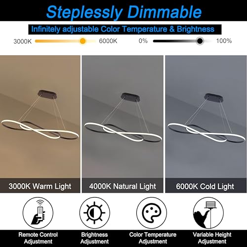 Black Modern Chandelier for Dining Room L39.4inch Dimmable Led Pendant Light for Kitchen Island Height Adjustable with Remote