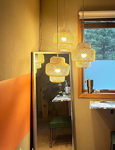 Plug in Pendant Light Rattan Hanging Lights with Plug in Cord Bamboo Hanging Lamp Dimmable