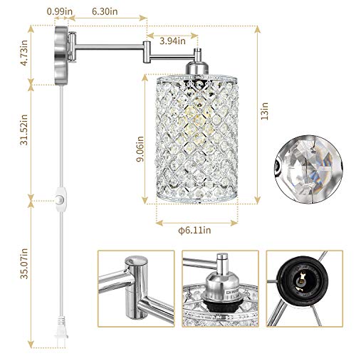 1 Light Wall Lamp Modern Style Metal Round lampshade Decorative Dimmable Crystal E26 Base Wall Lights Industrial Swing Arm Wall Sconce for Home Decor Plug